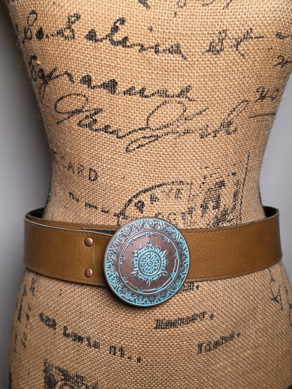 Brown Faux Leather Belt with Turquoise Patina Medallion